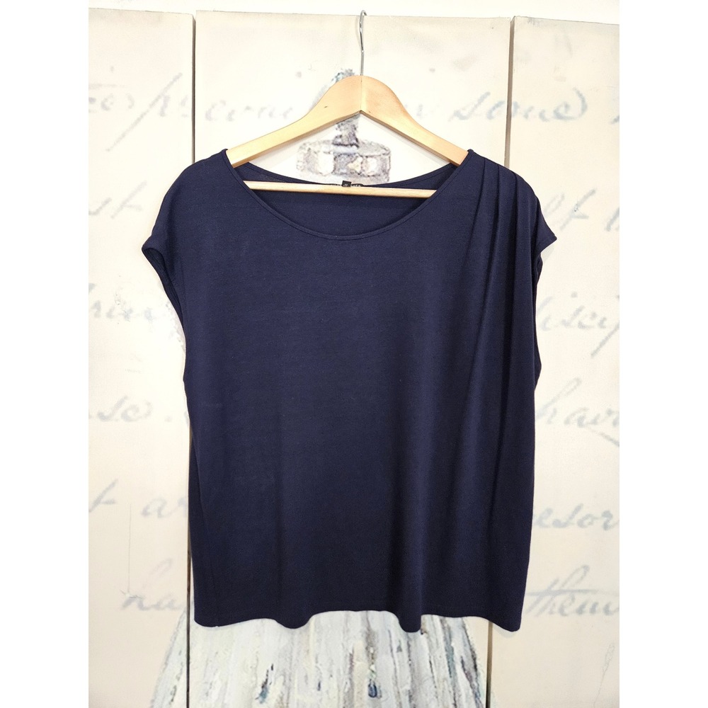 Eileen Fisher Asymmetric Pleated Top Large Navy Blue Viscose Stretch Cap Sleeve